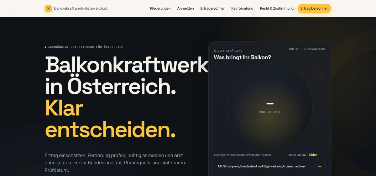 Startbereich von Balkonkraftwerk Österreich mit Ertragsrechner