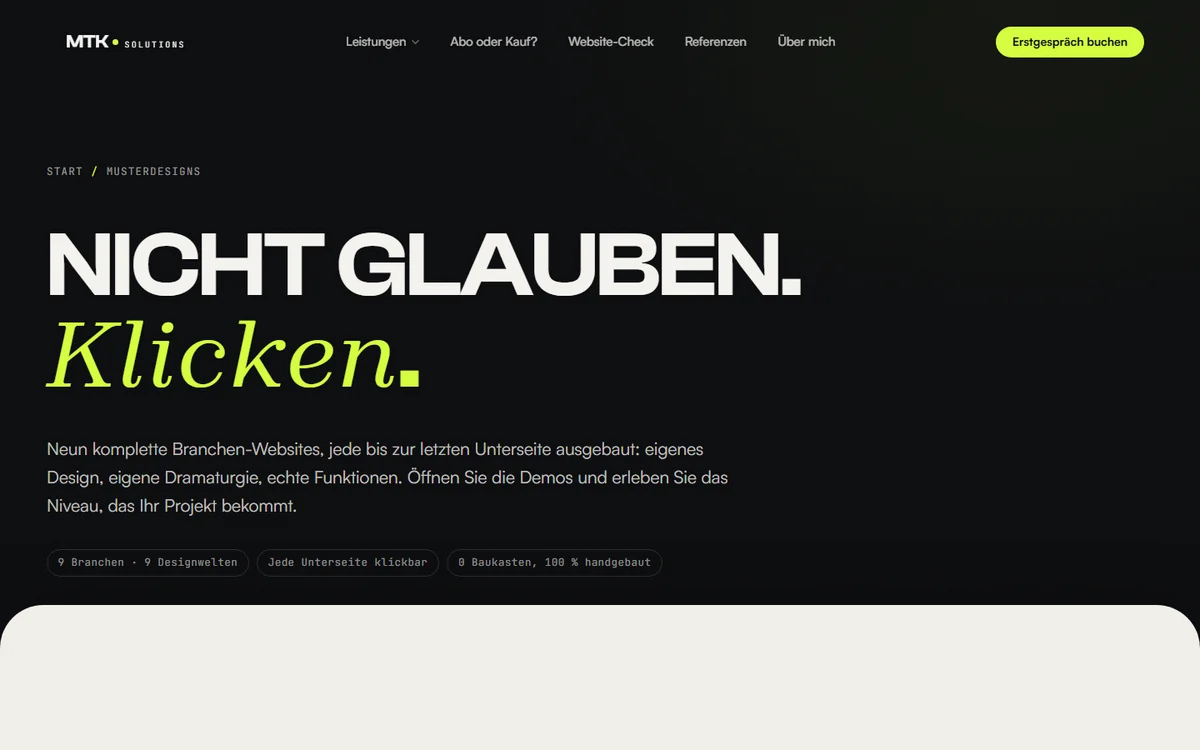 Startbereich der interaktiven Branchen-Musterdesigns von MTK Solutions