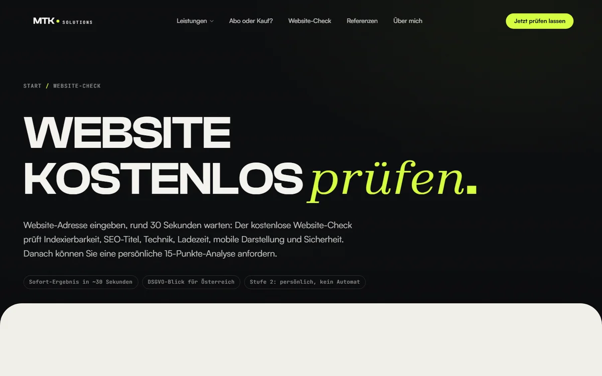 Startbereich des kostenlosen Website-Checks von MTK Solutions